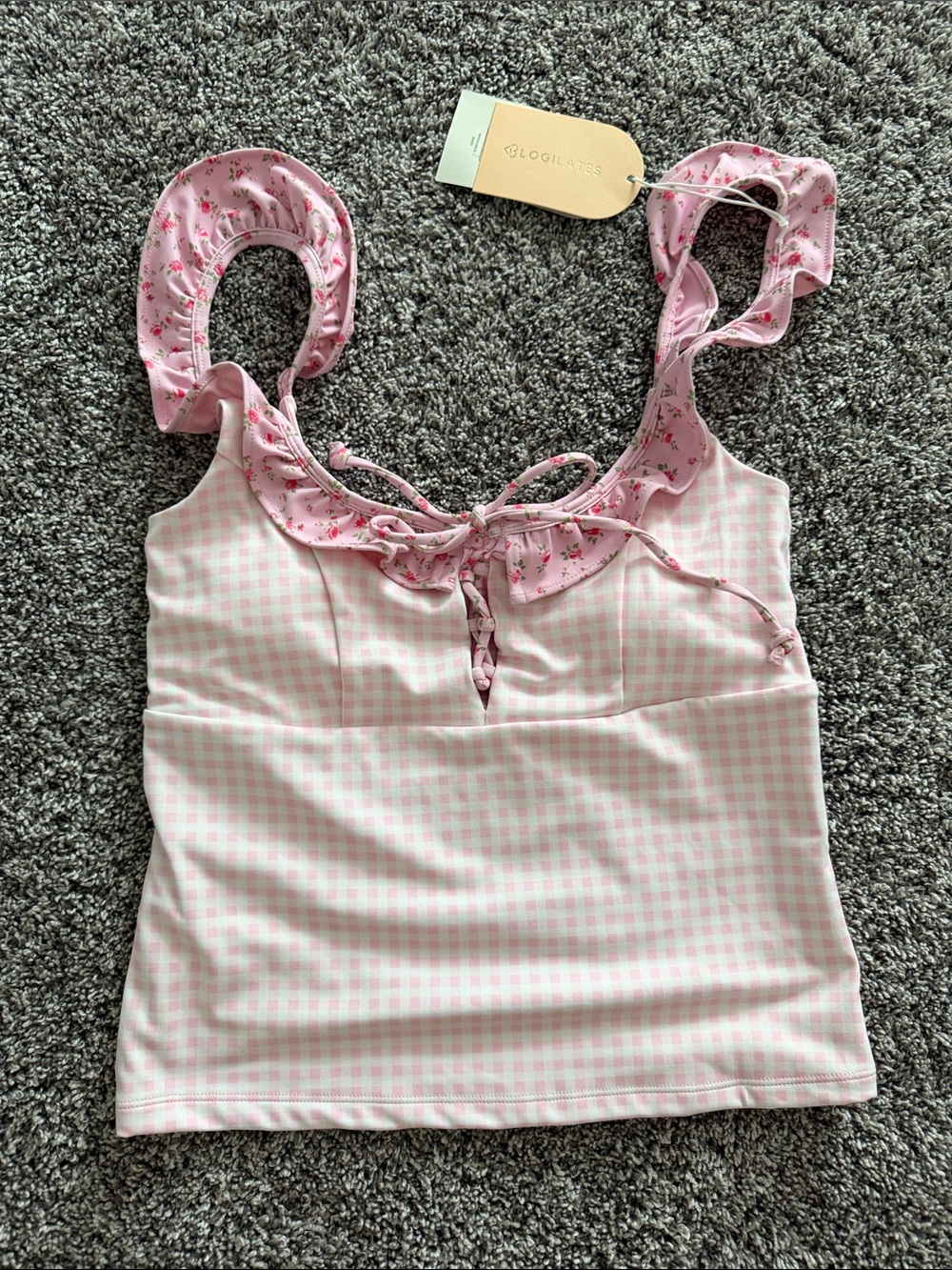 NWT Blogilates pink gingham ruffle lace-up top